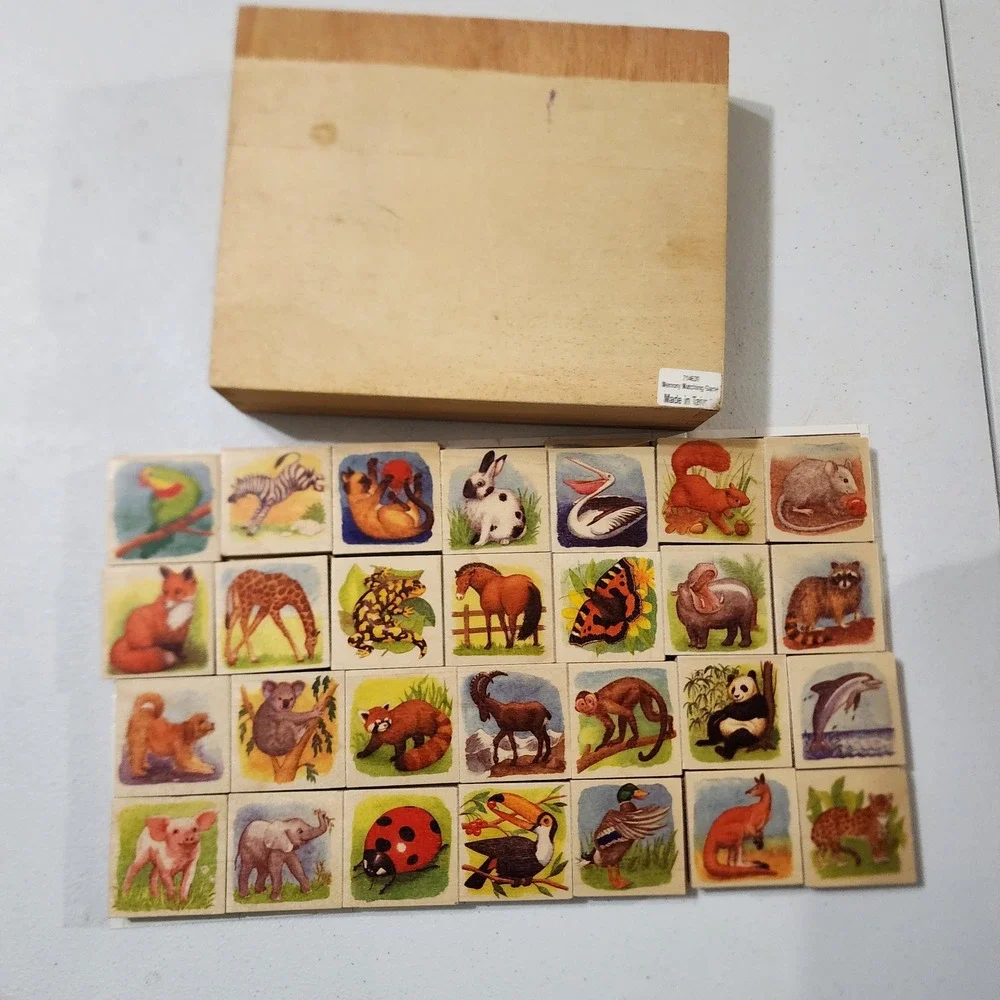 Vintage Wooden Animal Memory Matching Game 28 Piece Set with Storage Box 714630